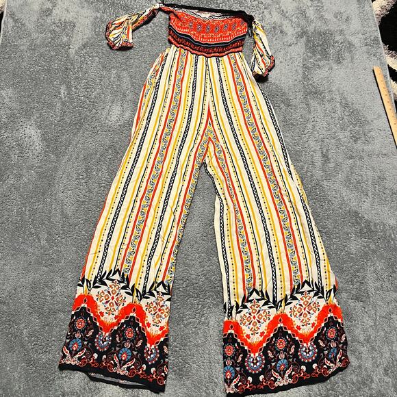 Flying Tomatoe Jumpsuit Womens Medium Cut Out Sides Wide Pants Aztec Lightweight - Picture 3 of 8